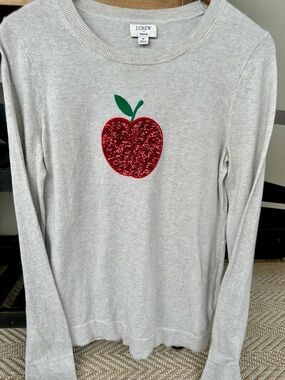 J. Crew Cream Crewneck Sweater with Red Sequin Apple